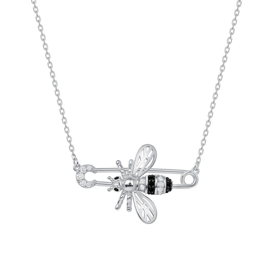 Silver 925 Rhodium Plated Clear Cubic Zirconia Bee Clip Necklace. DGN1383RHD