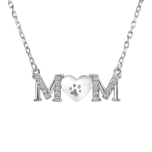 Silver 925 Rhodium Plated Clear Cubic Zirconia Mom with Paw Heart Necklace. DGN1388RHD