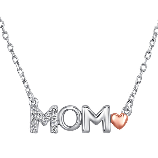 Silver 925 Rhodium Plated Pink Heart Clear Cubic Zirconia Mom Necklace. DGN1389