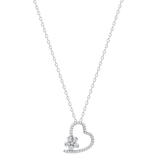 Silver 925 Cubic Zirconia Heart w/ Flower Necklace. DGP1811