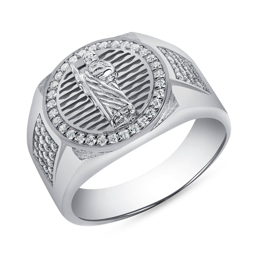 Silver 925 Rhodium Plated Cubic Zirconia Round Saint Jude Men's Ring. DGR2376