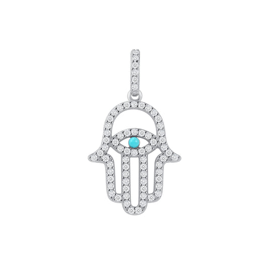 Silver 925 Rhodium Plated Cubic Zirconia Blue Turquoise Opal Hamsa Pendant. DKP0378