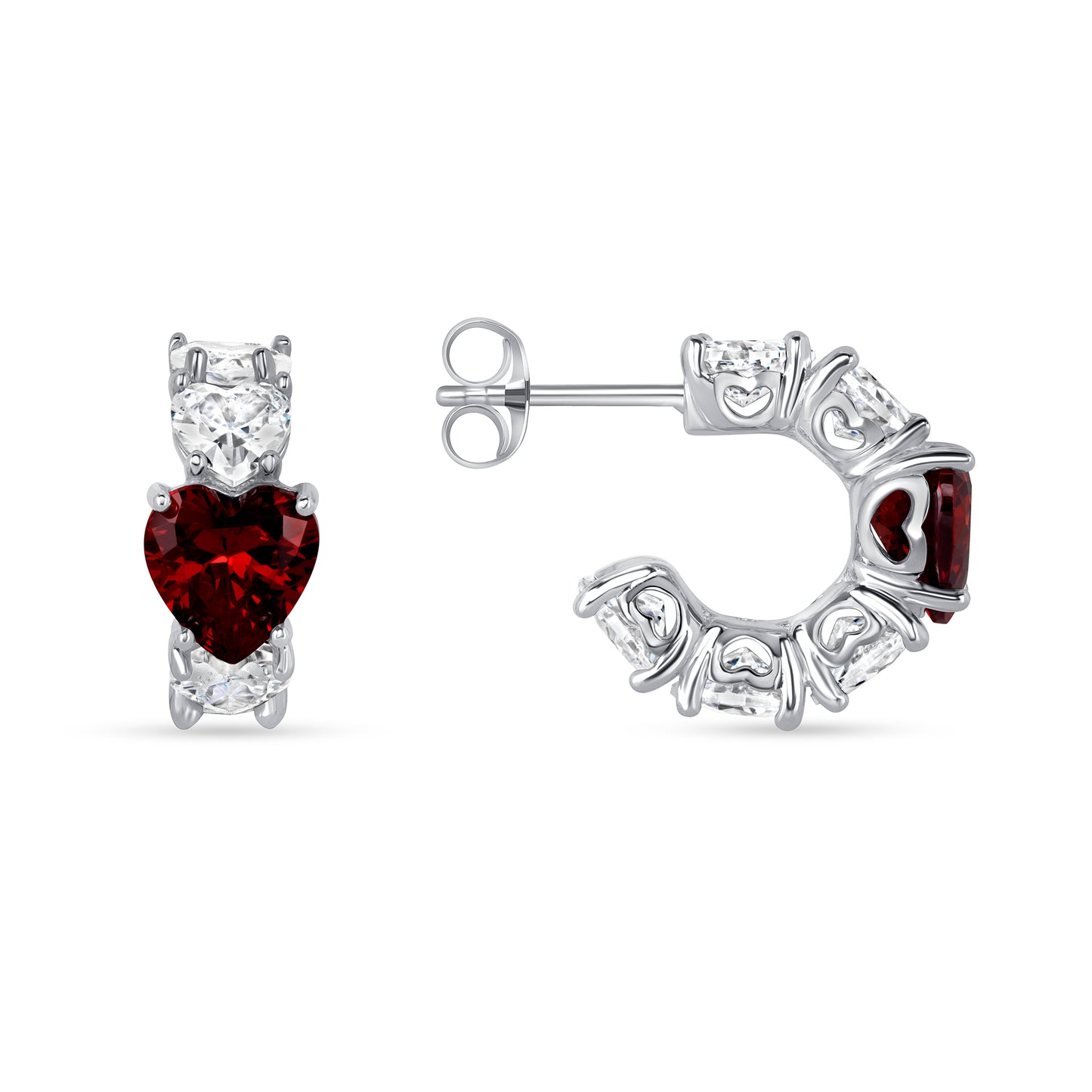 Silver 925 Rhodium Plated Red Garnet Cubic Zirconia Heart Shape Earring. DUEE0649