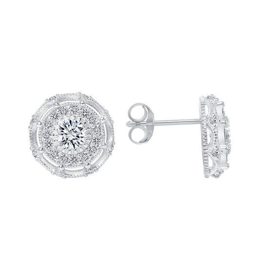 Silver 925 Rhodium Plated Round Cubic Zirconia Earring. EAR7026