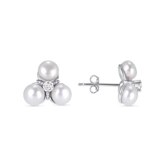 Silver 925 Rhodium Plated 3 White Pearl Earring. GE4270WHT