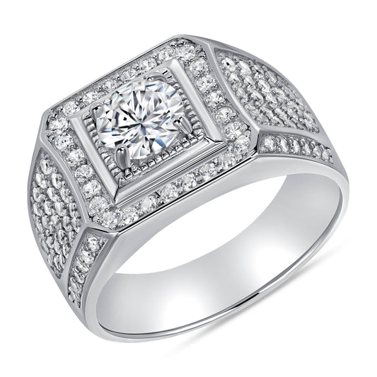 Silver 925 Rhodium Plated Cubic Zirconia Square Frame Men's Ring. GR10364