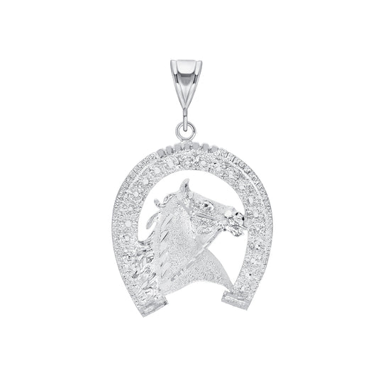 Silver 925 Horseshoe with Horse Head Micro Pave Pendant. HORSE02