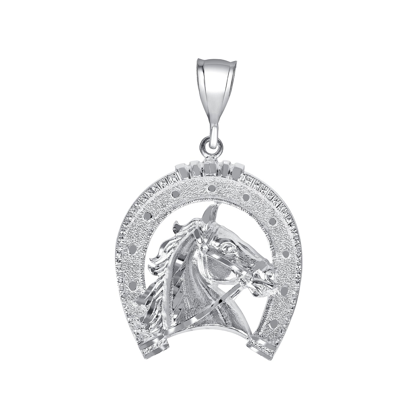 Silver 925 Horseshoe with Horse Head Diamond Cut Pendant. HORSE03