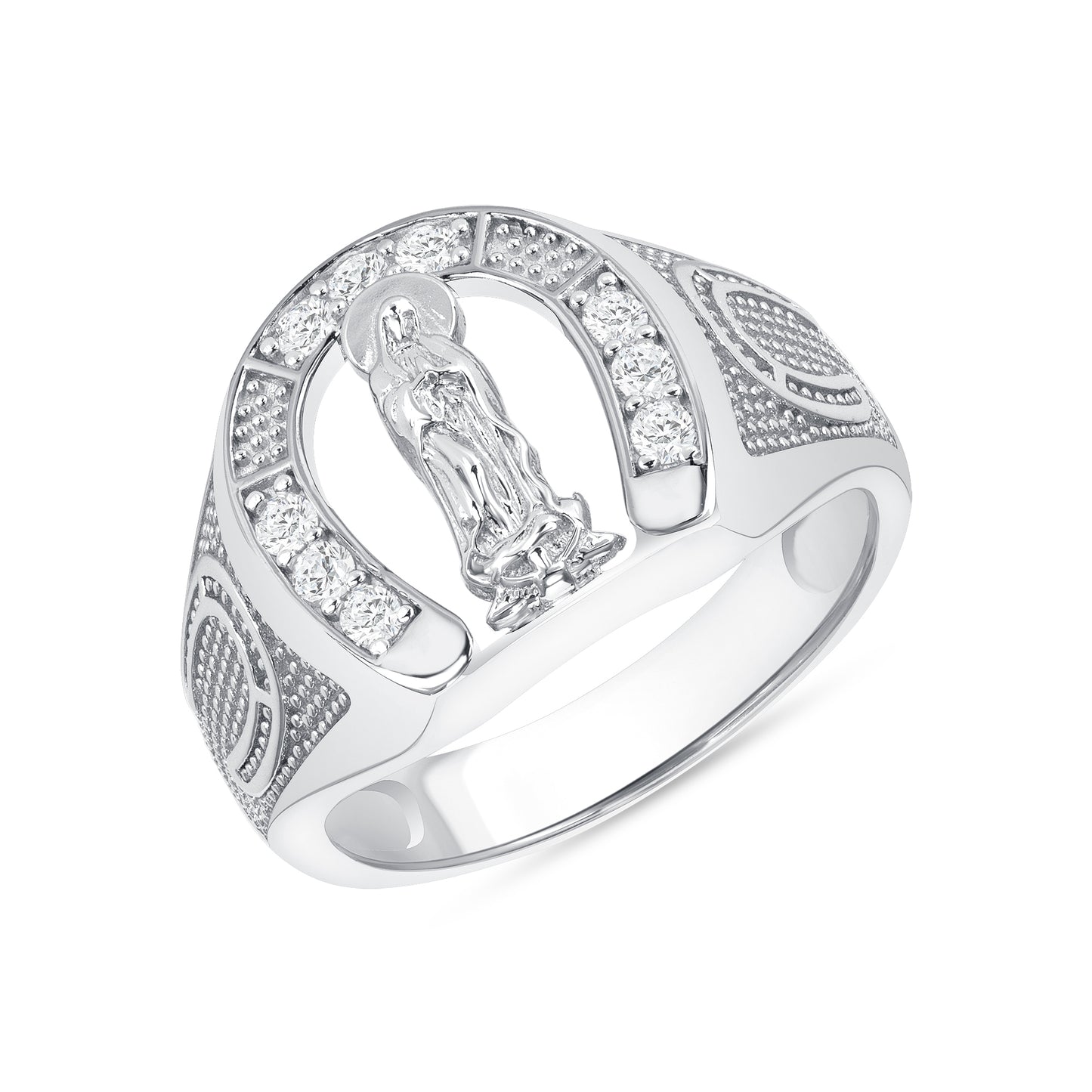 Silver 925 Virgin Mary Horseshoe Clear Cubic Zirconia Men's Ring. JHVM02
