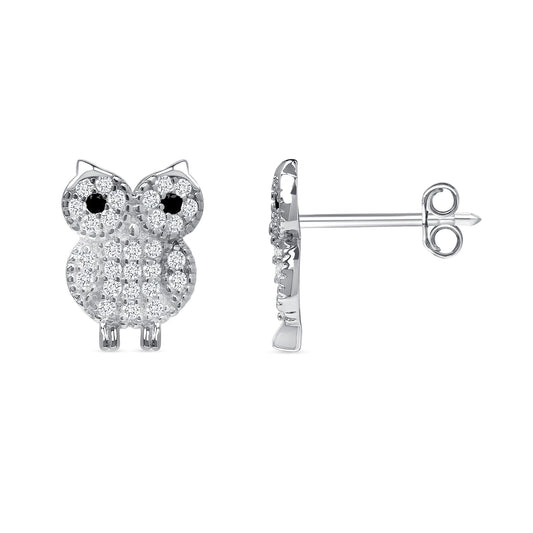 Silver 925 Rhodium Plated Cubic Zirconia Owl Stud Earring. KE0699