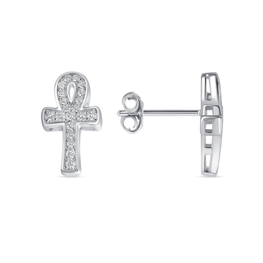 Silver 925 Rhodium Plated Ankh or Key of Life Cubic Zirconia Earring. KE0897