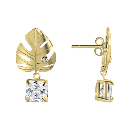 Silver 925 Gold Plated Tropical Leaf Clear Cubic Zirconia Earring. KE0954GP