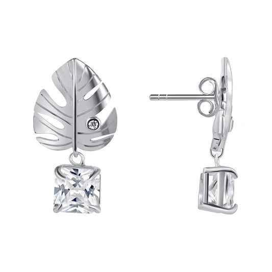 Silver 925 Rhodium Plated Tropical Leaf Clear Cubic Zirconia Earring. KE0954RHD