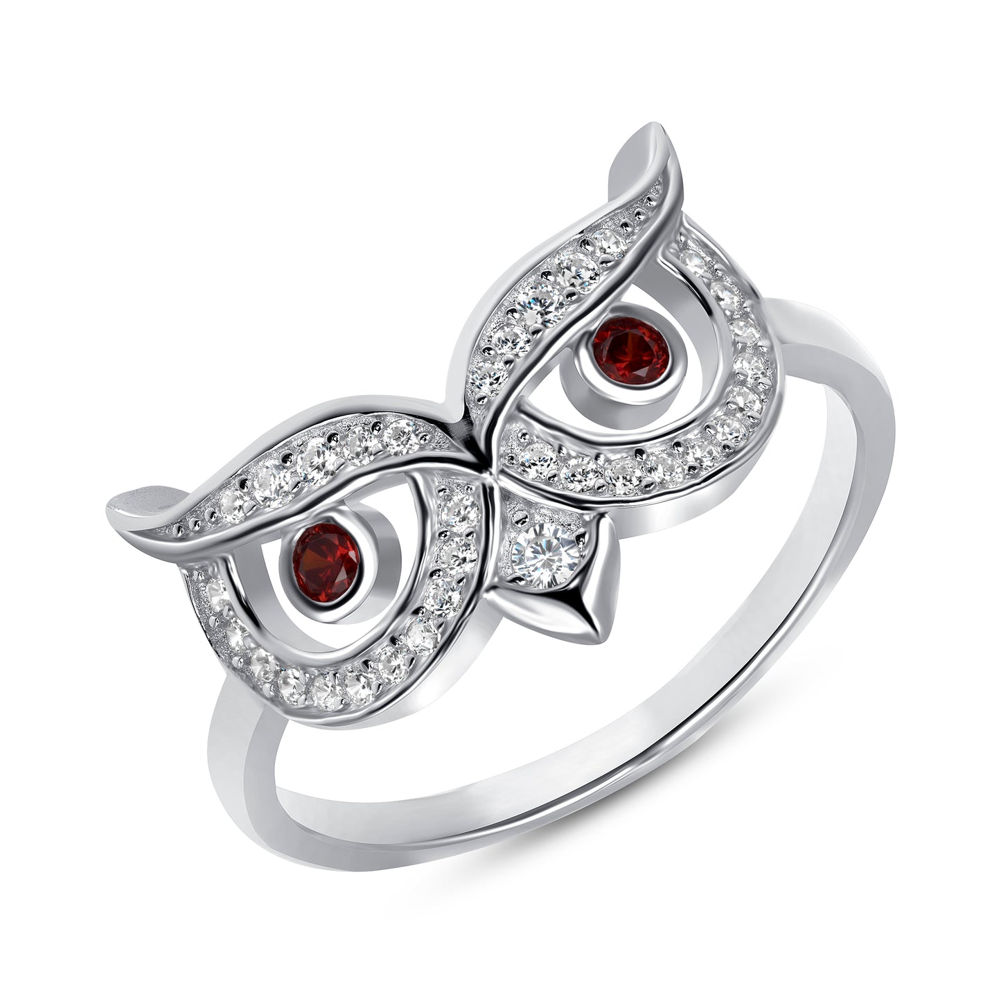 Silver 925 Rhodium Plated Red Garnett Cubic Zirconia Owl Ring. KR0547