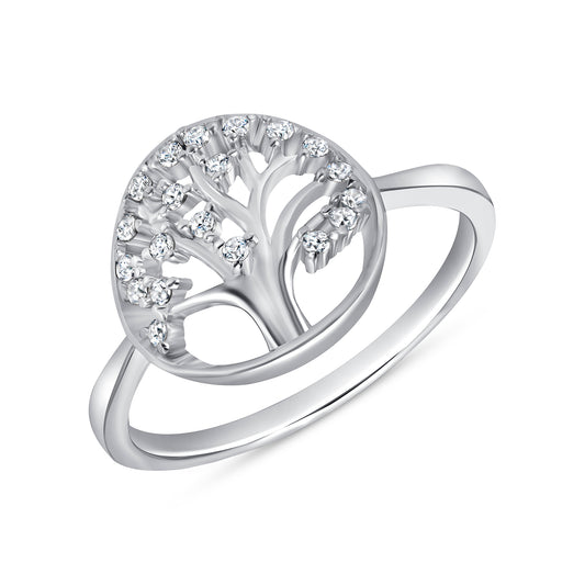 Silver 925 Rhodium Plated Cubic Zirconia Tree of Life Ring. KR0656