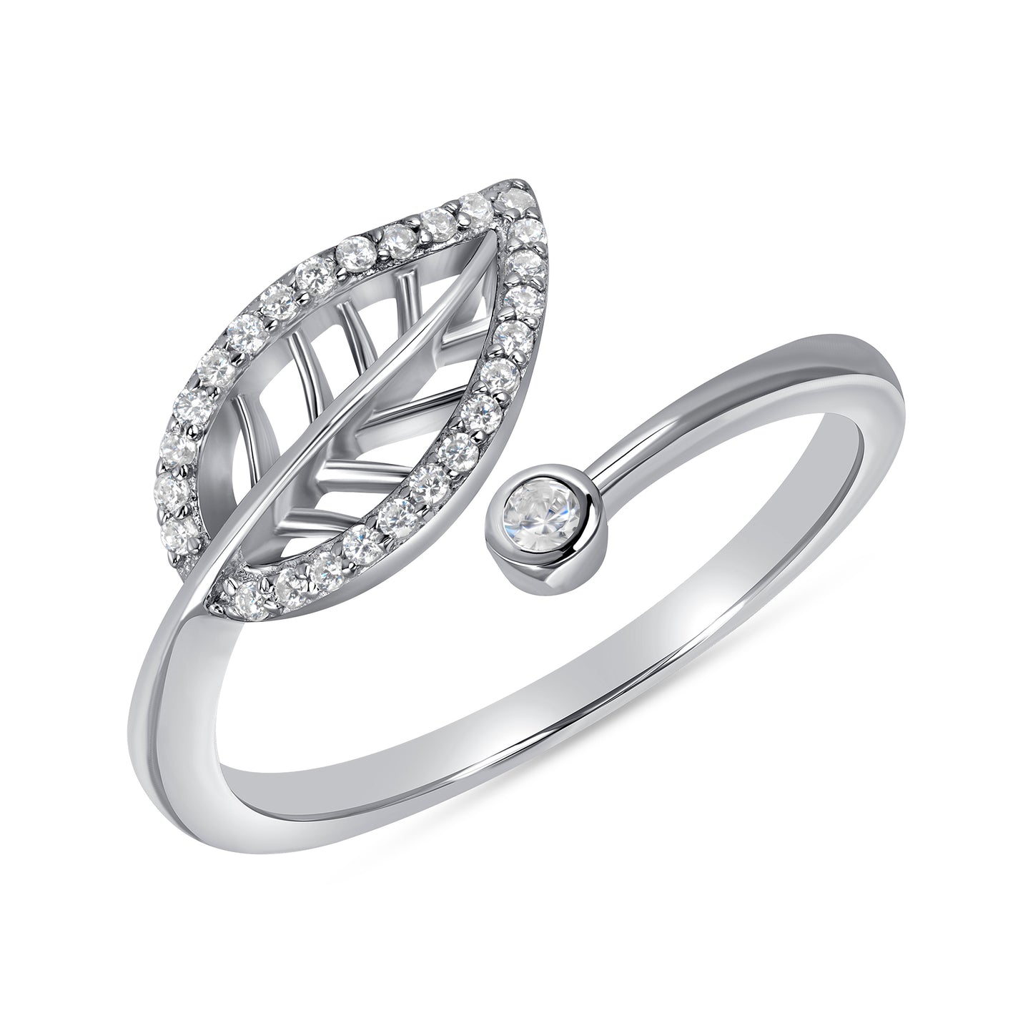 Silver 925 Rhodium Plated Cubic Zirconia Leaf Ring. KR0675