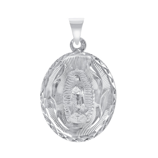 Silver 925 Virgin Mary (Virgen de Guadalupe) and San Judas Diamond Cut Oval Shape Large Pendant. MEDA101-L
