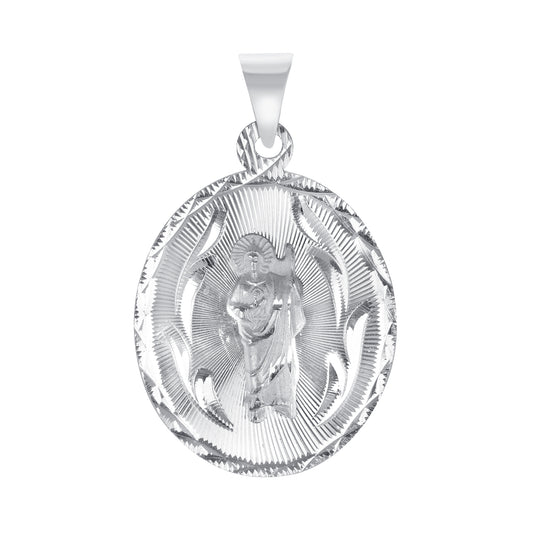 Silver 925 Virgin Mary (Virgen de Guadalupe) and San Judas Diamond Cut Oval Shape Large Pendant. MEDA101-L