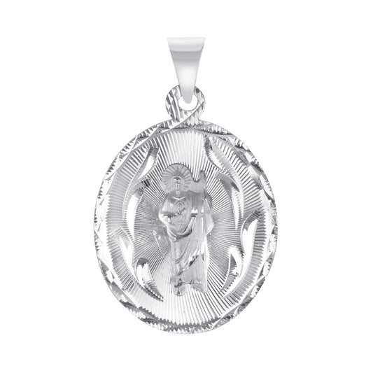 Silver 925 Virgin Mary and San Judas Diamond Cut Oval Shape Large Pendant. MEDA101-L