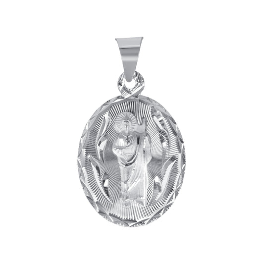 Silver 925 Virgin Mary (Virgen de Guadalupe) and San Judas Diamond Cut Oval Shape Medium Pendant. MEDA101-M