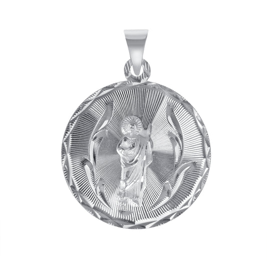 Silver 925 Virgin Mary (Virgen de Guadalupe) and San Judas Diamond Cut Large Round Shape Pendant. MEDA103-L