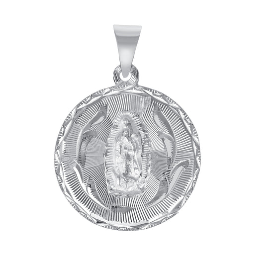 Silver 925 Virgin Mary (Virgen de Guadalupe) and San Judas Diamond Cut Medium Round Shape Pendant. MEDA103-M