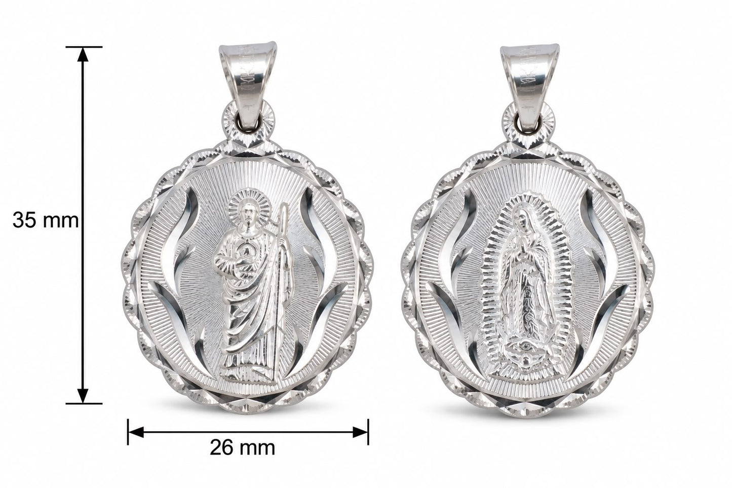 Silver 925 Medium Virgin Mary (Virgen de Guadalupe) and San Judas Diamond Cut Round Floral Shape Pendant. MEDA104-M