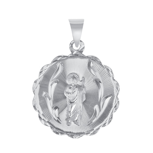 Silver 925 Virgin Mary (Virgen de Guadalupe) and San Judas Diamond Cut Round Floral Shape Pendant. MEDA104