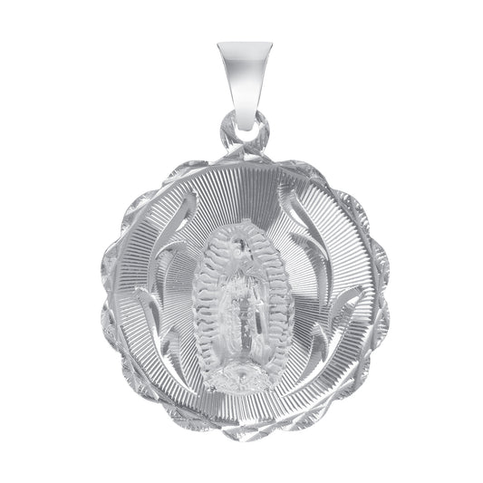 Silver 925 Virgin Mary (Virgen de Guadalupe) and San Judas Diamond Cut Round Floral Shape Pendant. MEDA104