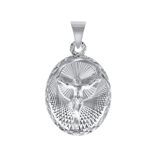 Silver 925 Virgin Mary (Virgen de Guadalupe) and Jesus Christ Diamond Cut Large Oval Shape Pendant. MEDA105-L