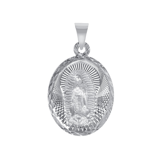 Silver 925 Virgin Mary (Virgen de Guadalupe) and Jesus Christ Diamond Cut Large Oval Shape Pendant. MEDA105-L