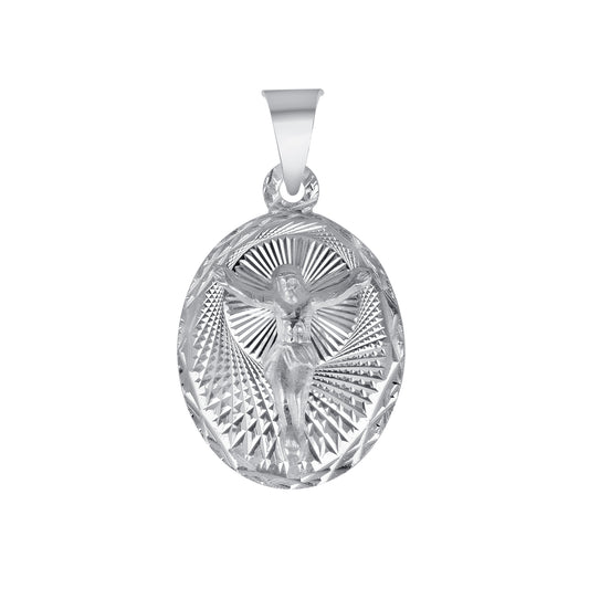 Silver 925 Virgin Mary (Virgen de Guadalupe) and Jesus Christ Diamond Cut Medium Oval Shape Pendant. MEDA105-M