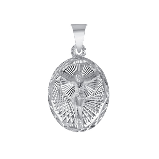 Silver 925 Virgin Mary and Jesus Christ Diamond Cut Medium Oval Shape Pendant. MEDA105-M