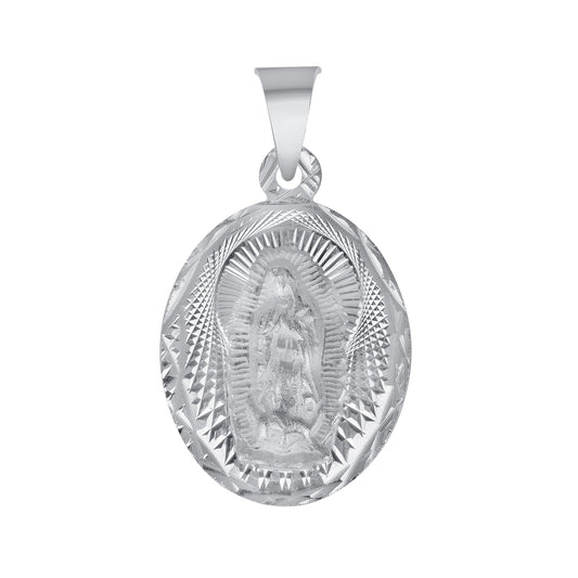 Silver 925 Virgin Mary (Virgen de Guadalupe) and Jesus Christ Diamond Cut Medium Oval Shape Pendant. MEDA105-M
