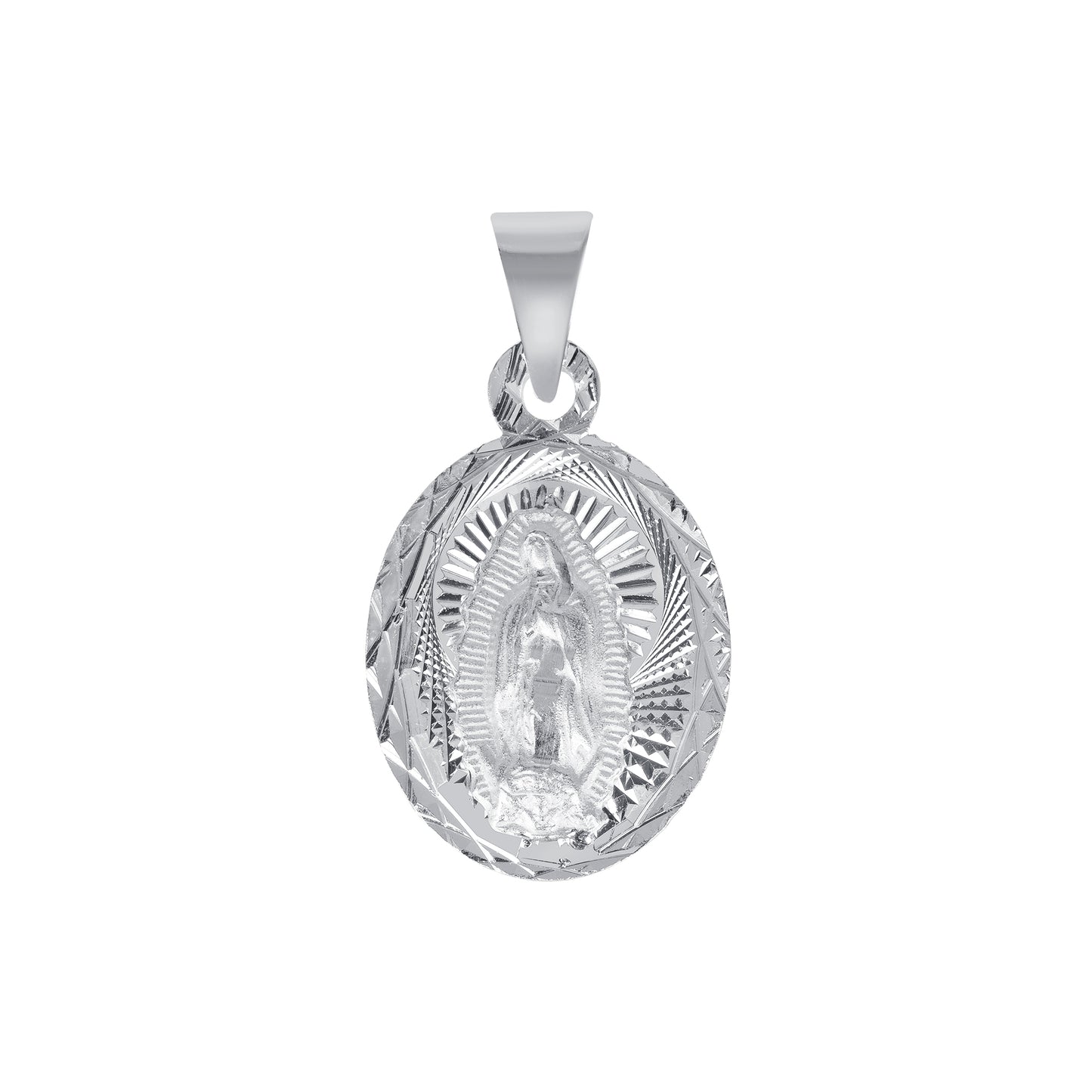 Silver 925 Virgin Mary (Virgen de Guadalupe) and Jesus Christ Diamond Cut Small Oval Shape Pendant. MEDA105-S