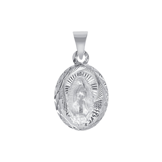 Silver 925 Virgin Mary and Jesus Christ Diamond Cut Small Oval Shape Pendant. MEDA105-S