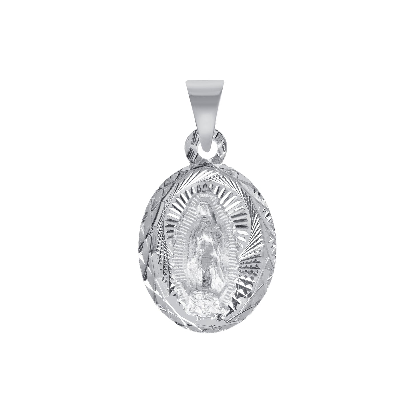 Silver 925 Virgin Mary (Virgen de Guadalupe) and Jesus Christ Diamond Cut Small Oval Shape Pendant. MEDA105-S