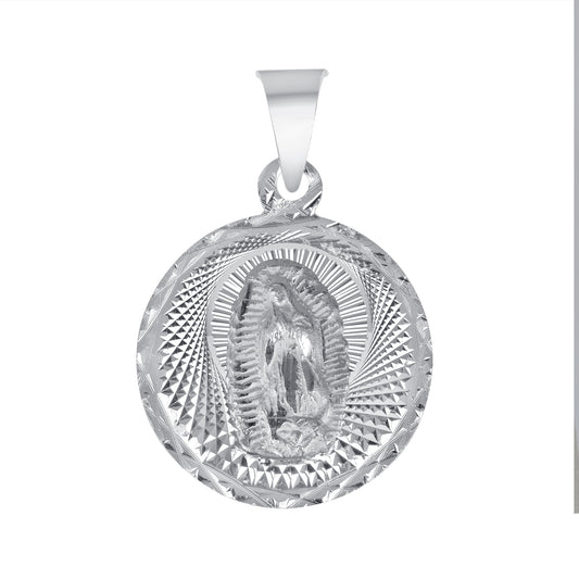 Silver 925 Virgin Mary (Virgen de Guadalupe) and Jesus Christ Diamond Cut Round Shape Pendant. MEDA106