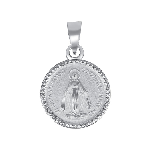 Silver 925 Virgin Medium Miraculous Two Sided Diamond Cut Border Pendant. MEDA65-M