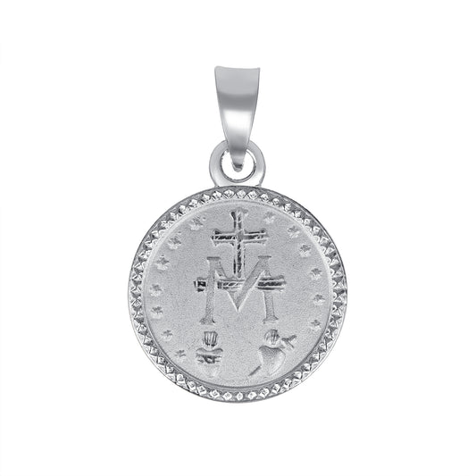 Silver 925 Virgin Medium Miraculous Two Sided Diamond Cut Border Pendant. MEDA65-M