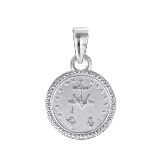 Silver 925 Virgin Small Miraculous Two-Sided Diamond Cut Border Pendant. MEDA65-S