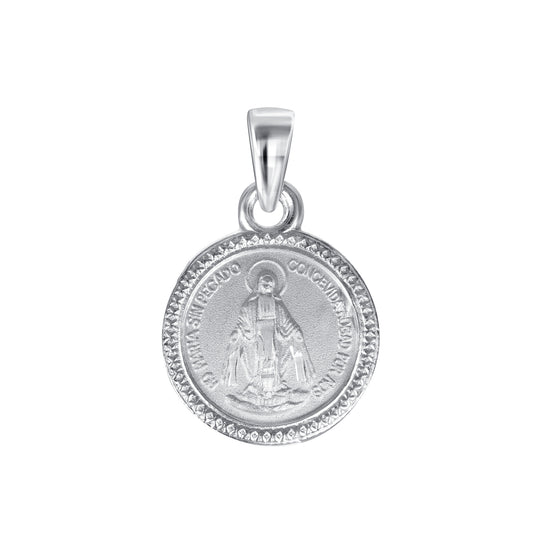 Silver 925 Virgin Small Miraculous Two-Sided Diamond Cut Border Pendant. MEDA65-S