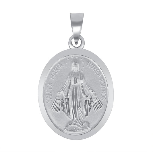 Silver 925 Virgin Mary Miraculous (Virgen Milagrosa) Large Two-Sided Oval Pendant. MEDA66-L