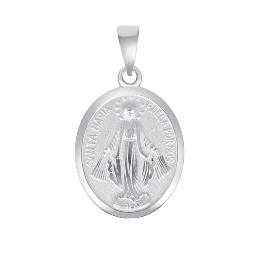Silver 925 Virgin Mary Miraculous Medium Two-Sided Oval Pendant. MEDA66-M