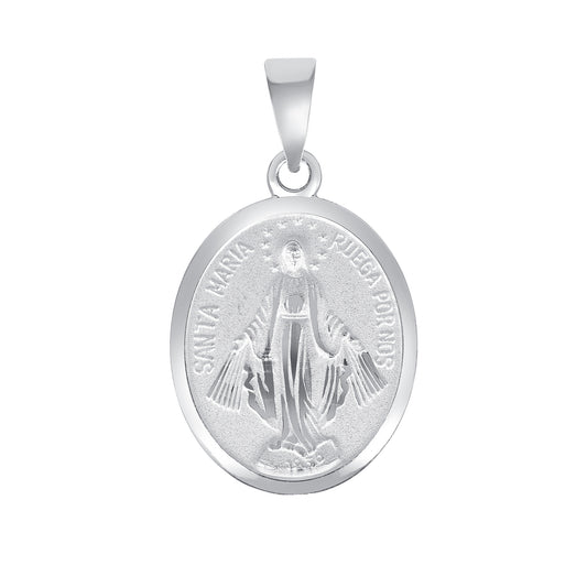 Silver 925 Virgin Mary Miraculous (Virgen Milagrosa) Medium Two-Sided Oval Pendant. MEDA66-M