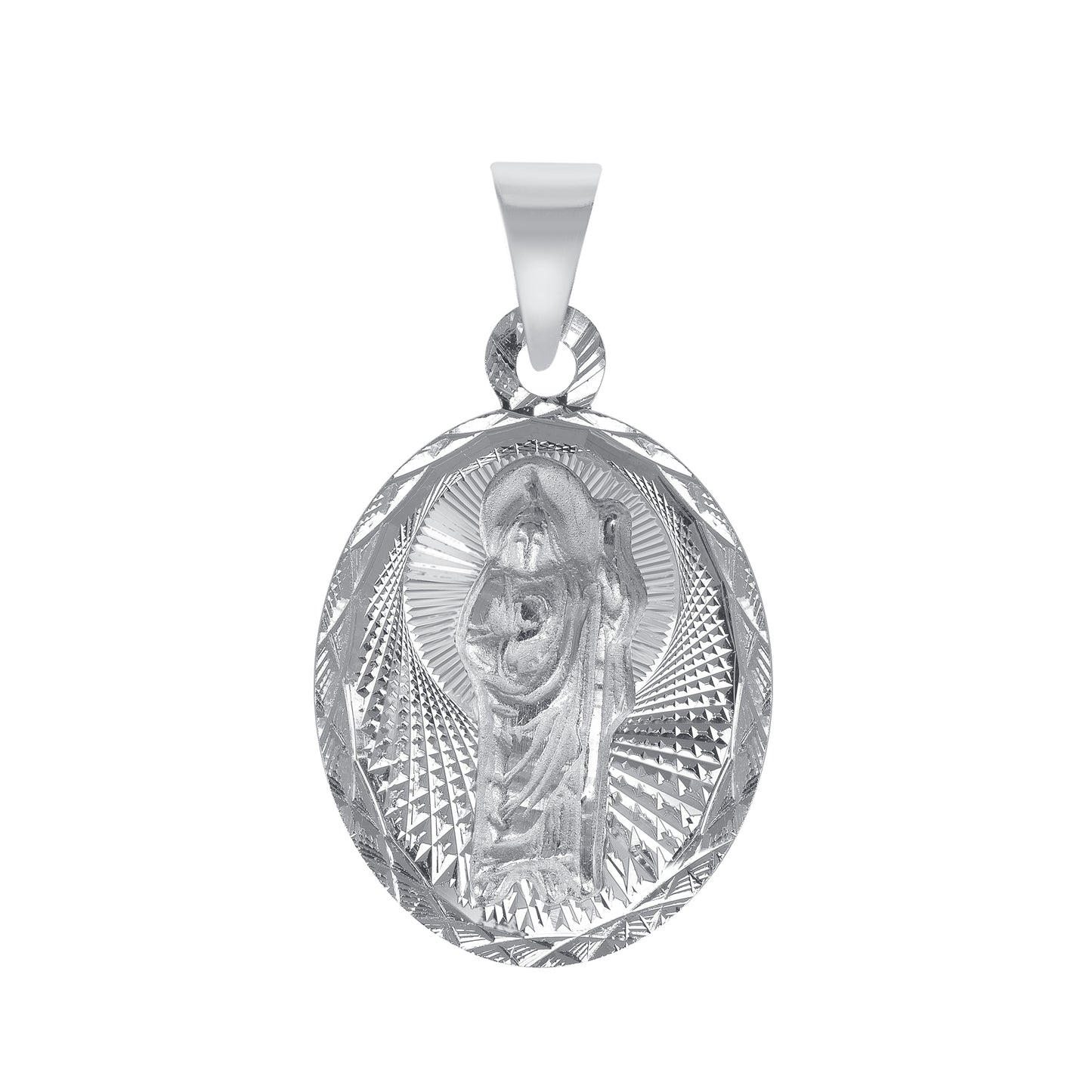 Silver 925 San Judas (Saint Jude) Small Two-Sided Diamond Cut Oval Pendant. MEDA70-S