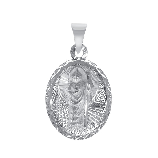 Silver 925 San Judas Large Two-Sided Diamond Cut Oval Pendant. MEDA70-L