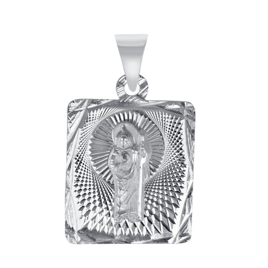 Silver 925 San Judas (Saint Jude) Large Two-Sided Diamond Cut Square Pendant. MEDA71-L