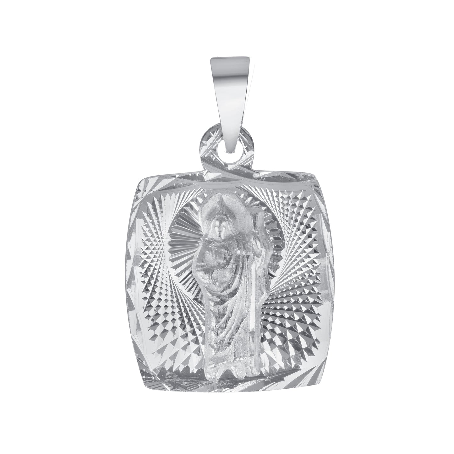 Silver 925 San Judas (Saint Jude) Medium Two-Sided Diamond Cut Square Pendant. MEDA71-M