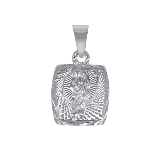 Silver 925 San Judas (Saint Jude) Small Two-Sided Diamond Cut Square Pendant. MEDA71-S